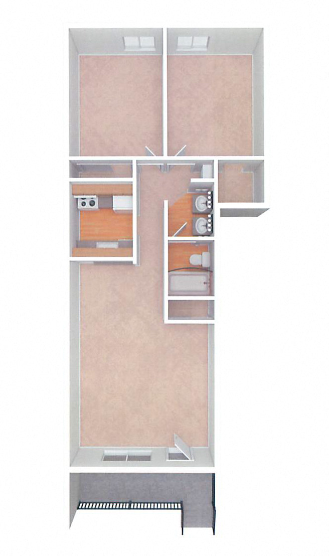 Floor plan for 2 beds, 1 bath, 883 sqft
